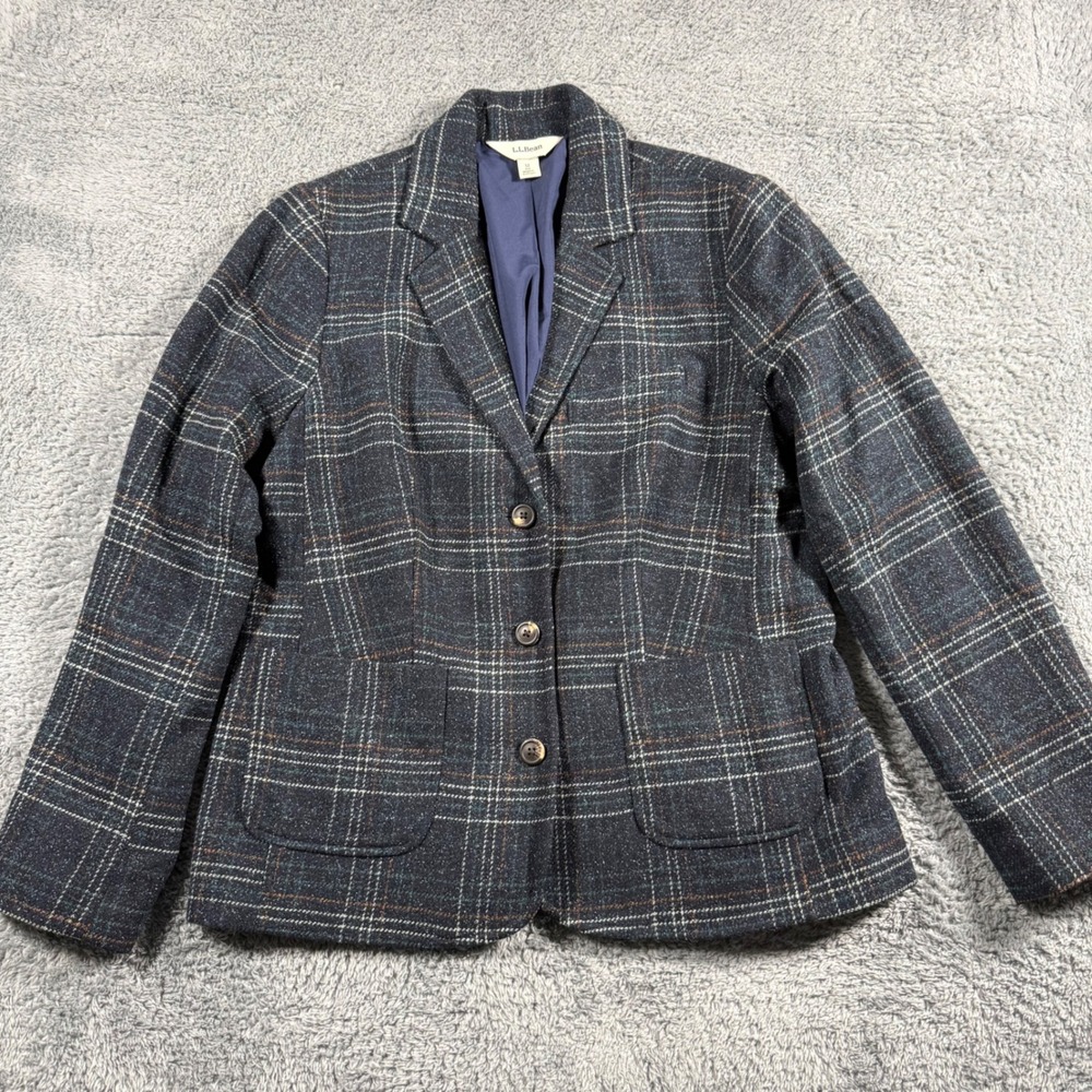 LLBean Women Windowpane Plaid Blazer Jacket Wool‎ Silk Front Pockets Size Medium - Picture 2 of 10
